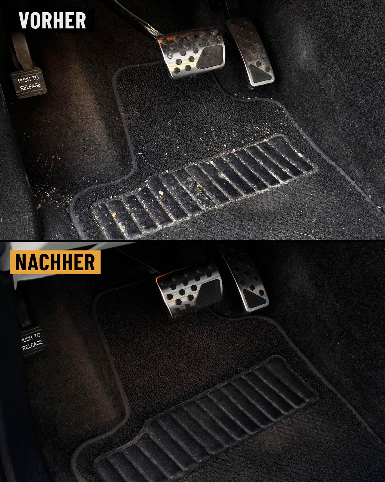 Fußraum: Krümel und Staub raus Textile Fußmatte im Fahrerfußraum vor und nach der Reinigung, mit Krümeln und Schmutz vorher