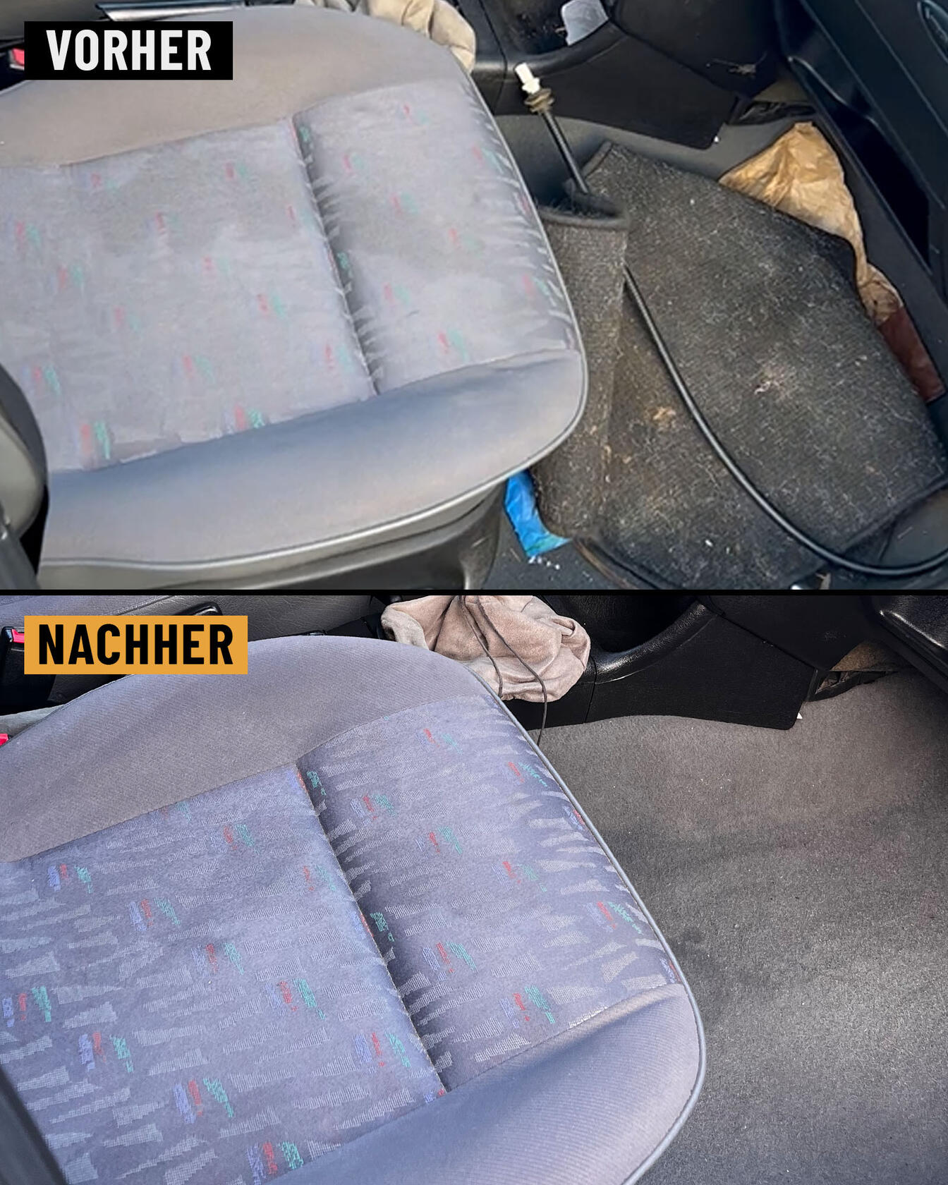 Sitz und Fußraum: vom Dreck befreit Stark verschmutzter Stoffsitz und Fußraum eines älteren Autos vor und nach der Innenraumaufbereitung innenraumaufbereitung-sitz-fussraum-vorher-